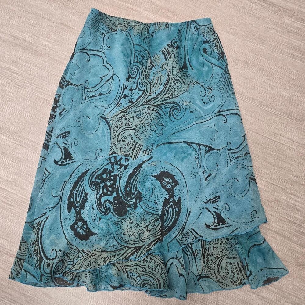 Ninety Women's Size S Y2K blue and black paisley polyester midi skirt with ruffl